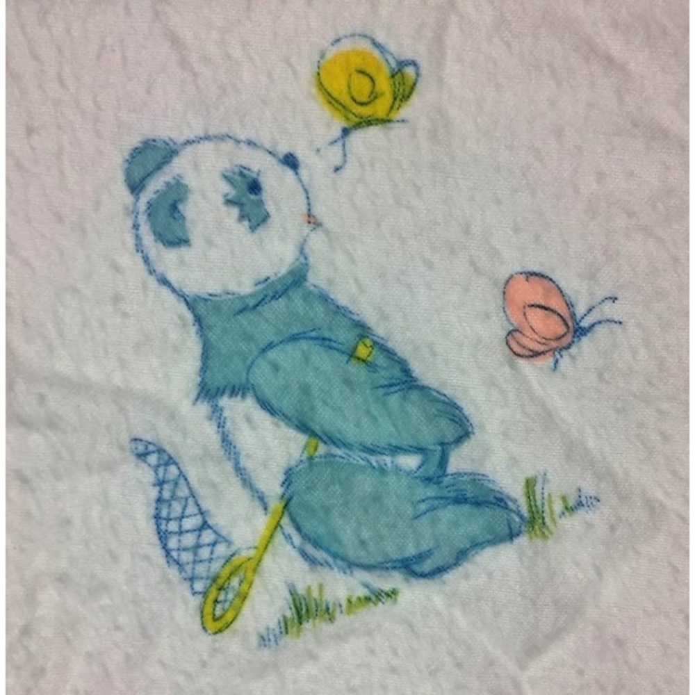 Vintage Fuzzy Baby Bear Receiving Blanket Blue Yellow Pink Beacon? White SOFT - Picture 2 of 7